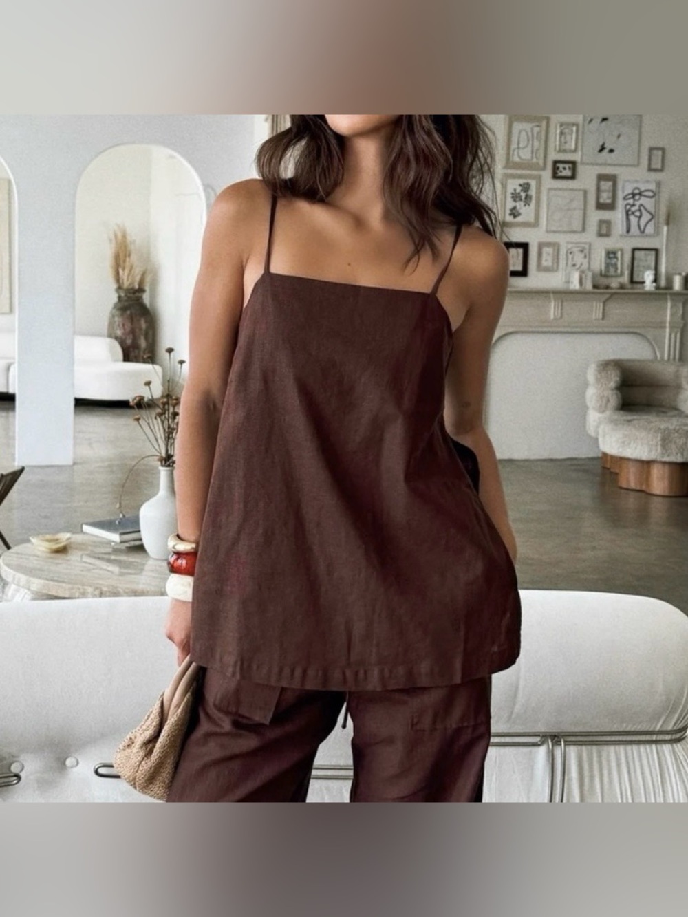 Stitch + Feather Linen Side Button Tank Top Only in Brown size Small